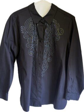 Bob Mackie Wearable Art Black Sequin Scroll Button Down Shirt Size L